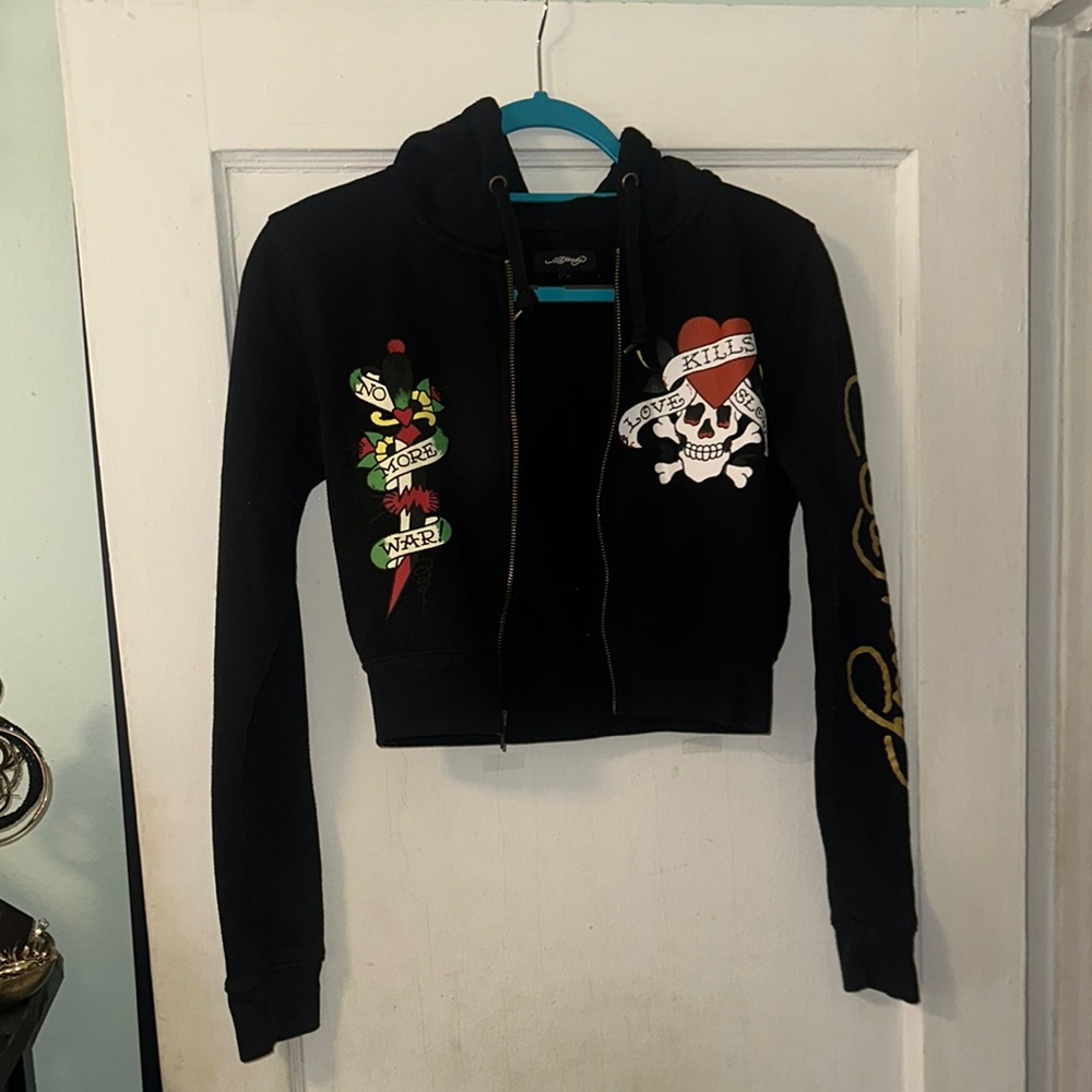 ED HARDY Black Zip-Up Cropped Hoodie with Skull and Heart Design
